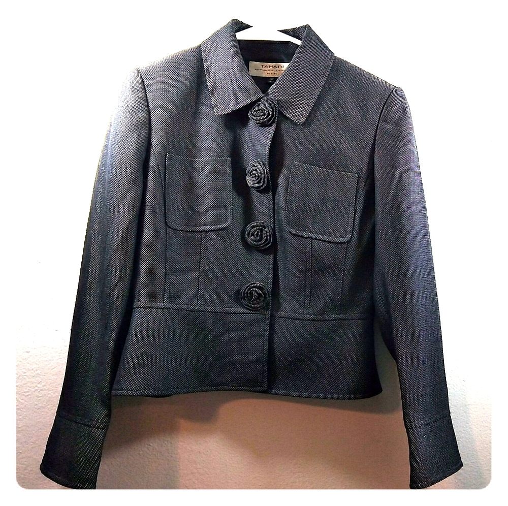 Tahari Arthur Levine Petite Blazer Black White EUC